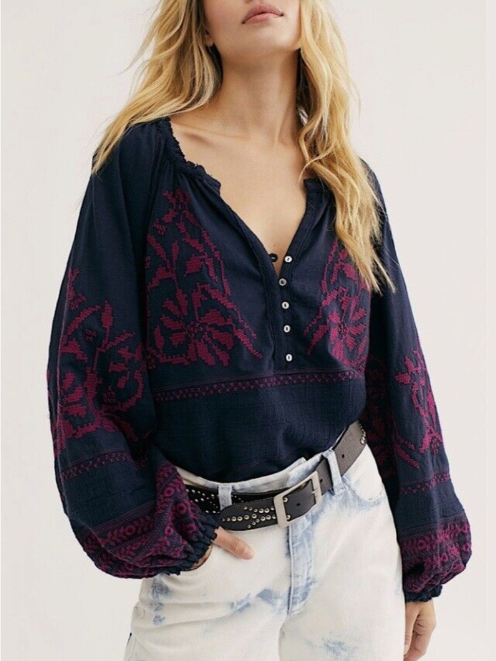 Free People Navy Tunic with Magenta Floral Embroidery